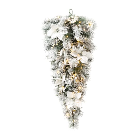 Glitzhome® 36" Pre-Lit Flocked Greenery Pine White Poinsettia & Berry Christmas Teardrop with Timer